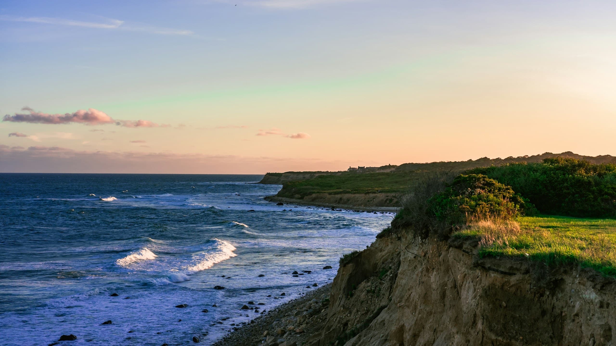 Grassy Montauk bluffs above the Atlantic at golden hour